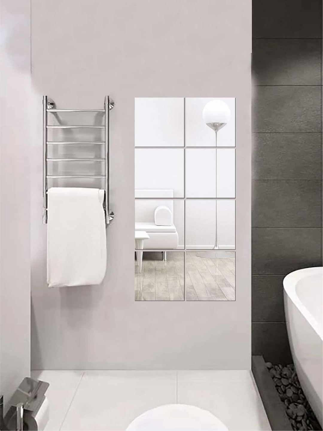 WallDaddy Silver Toned 8 Pieces Self-Adhesive Square Design Mirror Wall Stickers