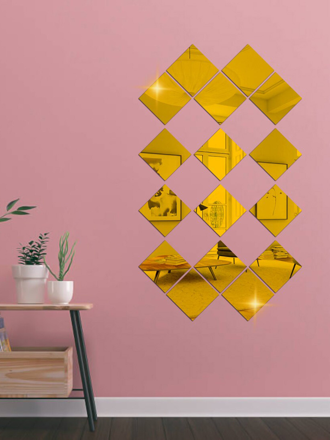 WallDaddy Yellow 16 Pieces Self-Adhesive Square Mirror Wall Stickers