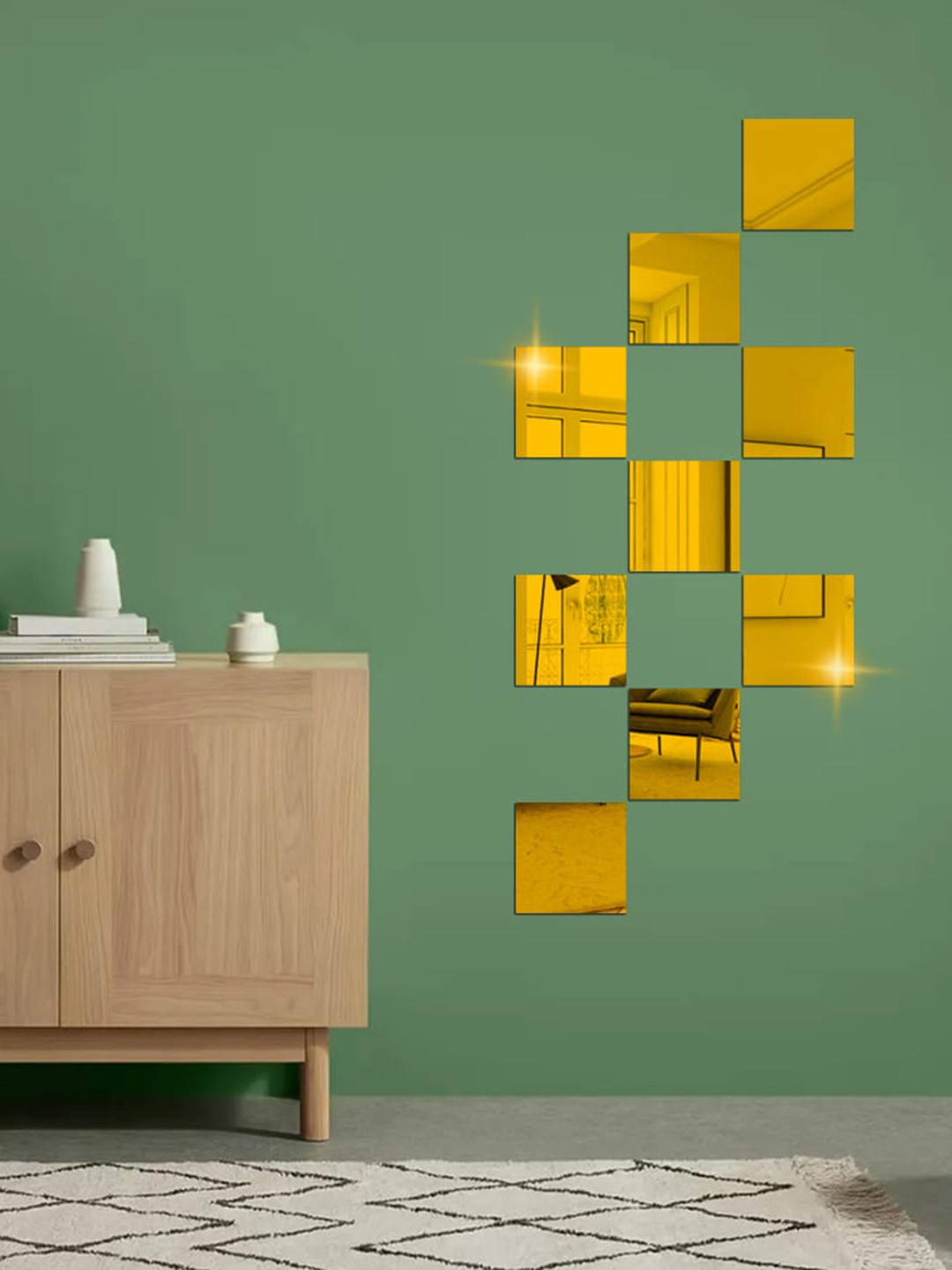 WallDaddy 9 Pcs Golden Self-Adhesive Square Mirror Wall Stickers