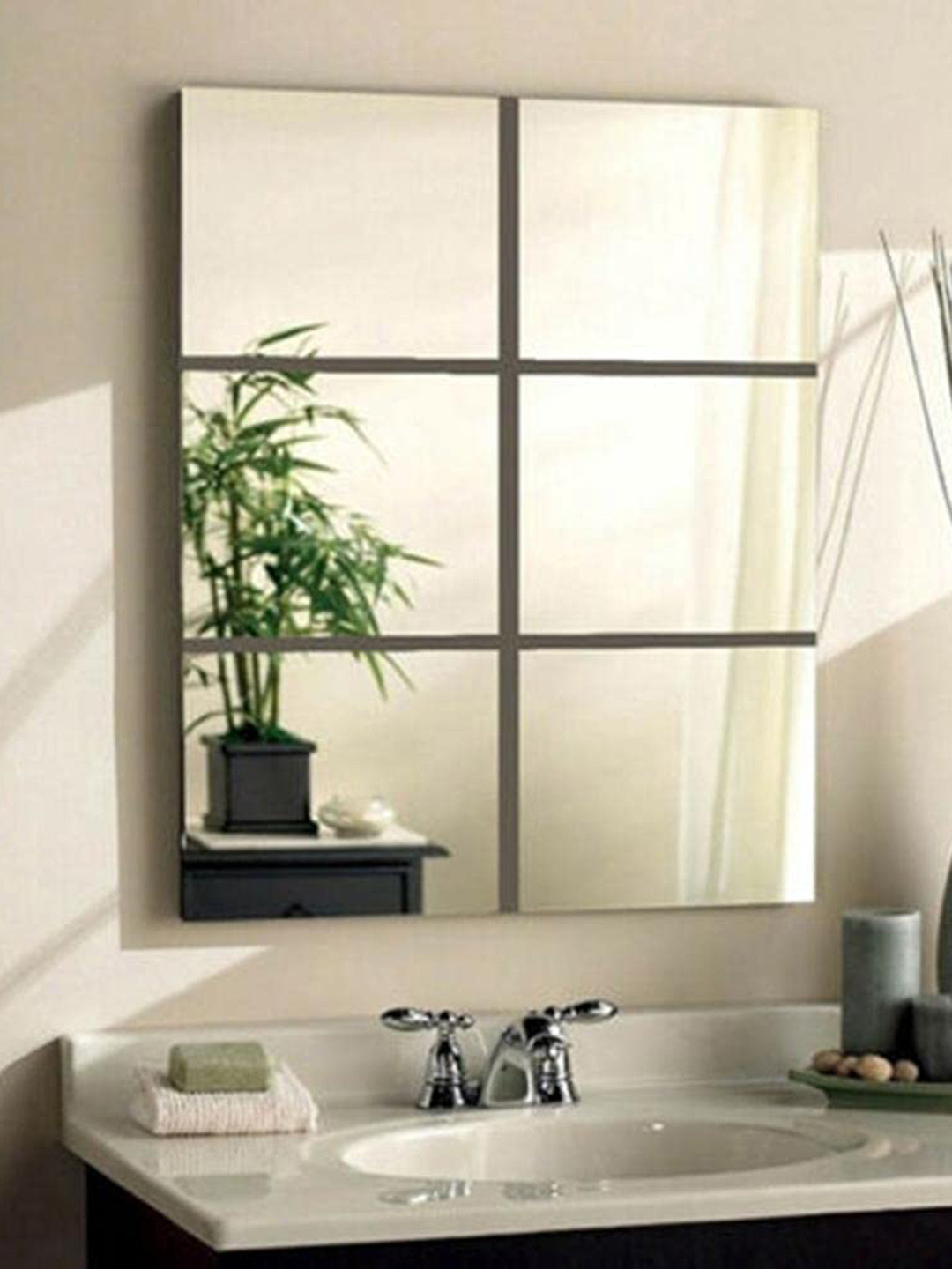 WallDaddy 6 Pcs Silver-Toned Self-Adhesive Square Mirror Wall Stickers