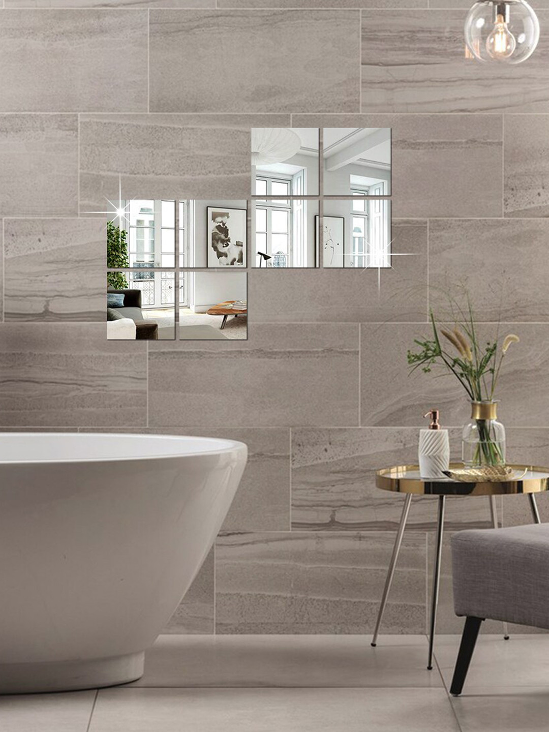 WallDaddy SilverToned 8 Pieces Acrylic Self-Adhesive Square Mirror Wall Stickers