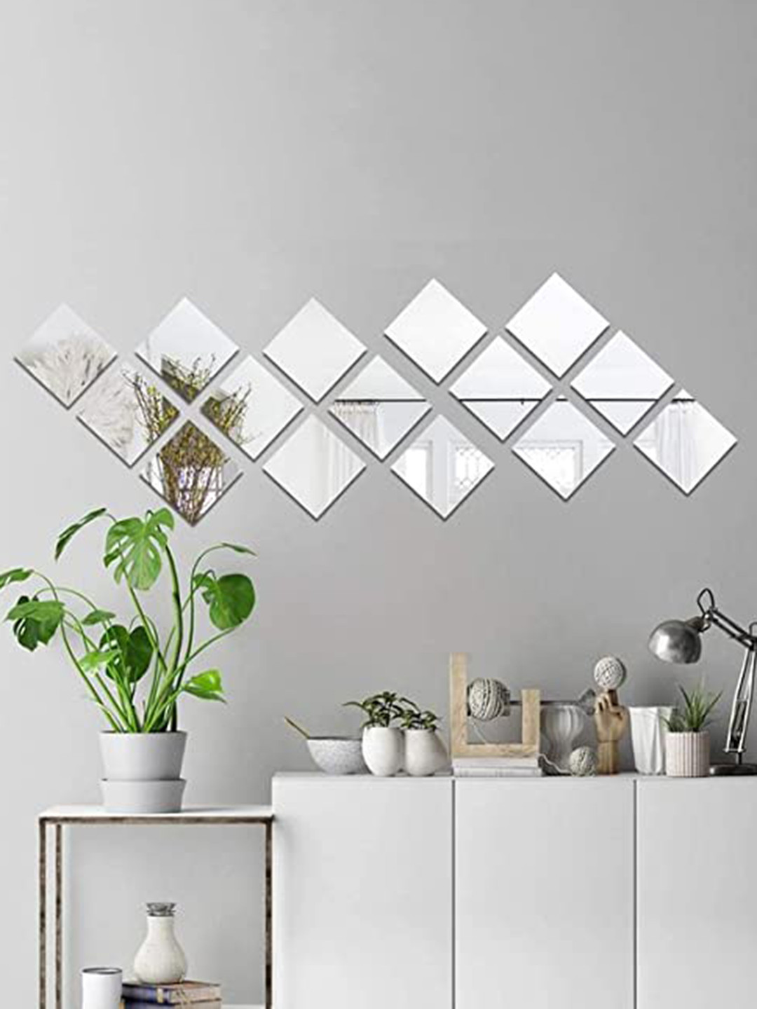 WallDaddy Silver Toned 15 Pieces Acrylic Self-Adhesive Square Mirror Wall Stickers