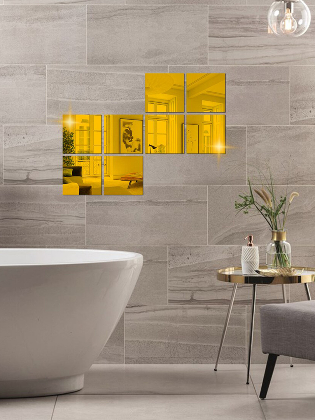 WallDaddy Gold Toned 8 Pieces Self-Adhesive Square Mirror Wall Stickers