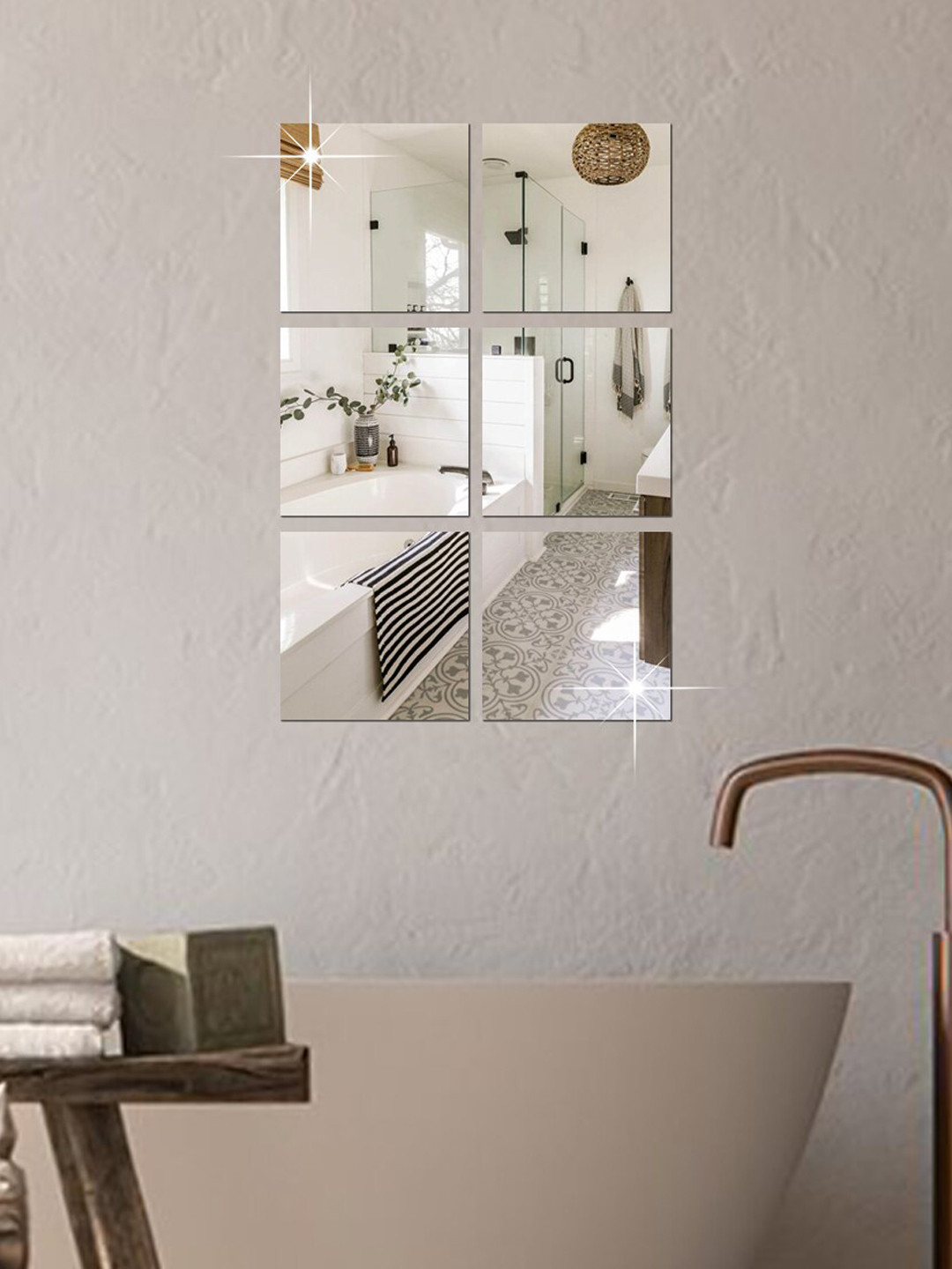 WallDaddy Silver 6 Pieces Acrylic Self-Adhesive Square Mirror Wall Stickers