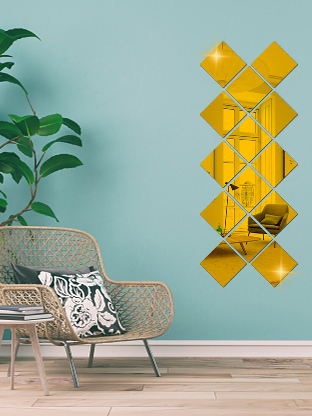WallDaddy 14 Pcs Golden Self-Adhesive Square Mirror Wall Stickers