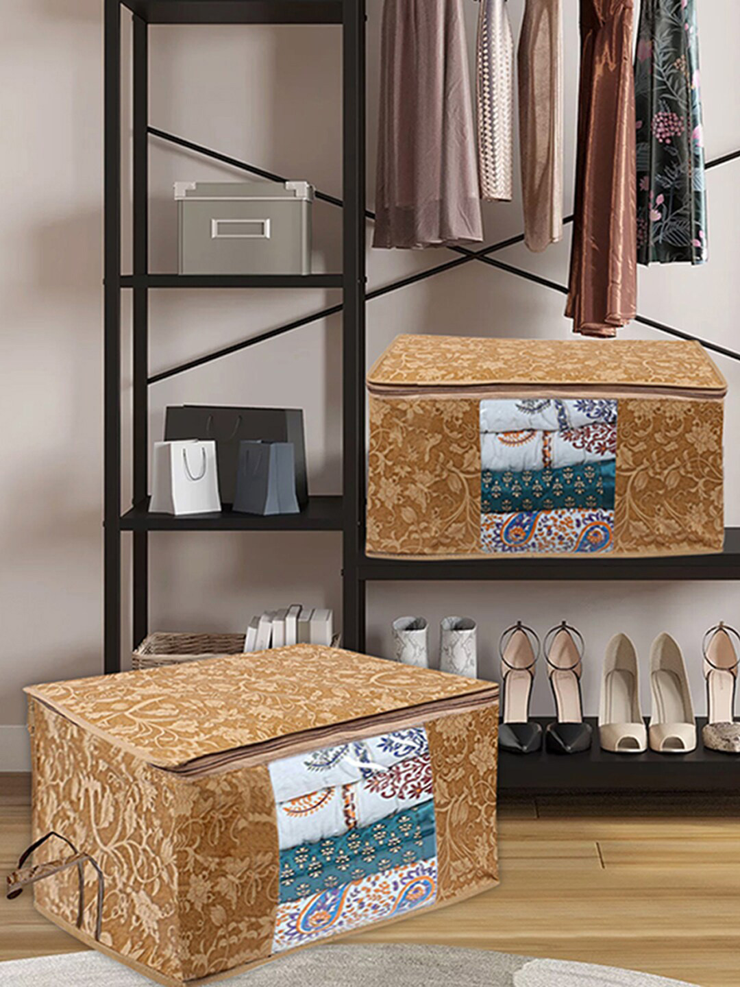 Kuber Industries Beige 6 Pieces Floral Printed Foldable Non-Woven Multi-Utility Organisers