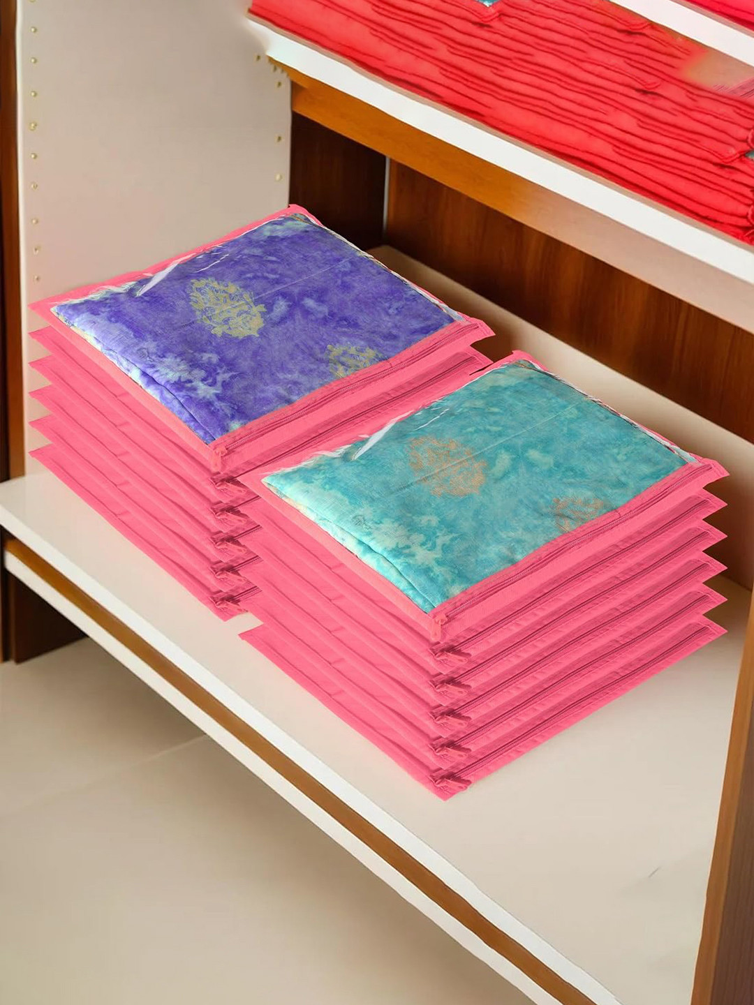 Kuber Industries Pink 12-Pieces Non-Woven Single Saree Cover with Zip Saree Packing Cover