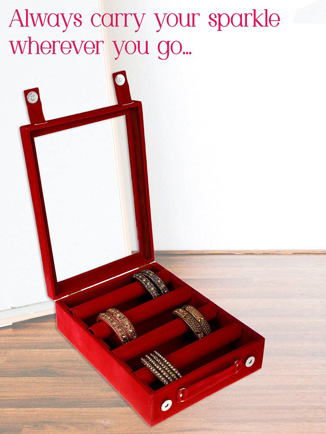 Kuber Industries Red Velvet & Wooden Transparent Window Design 5 Rods Bangle Organiser