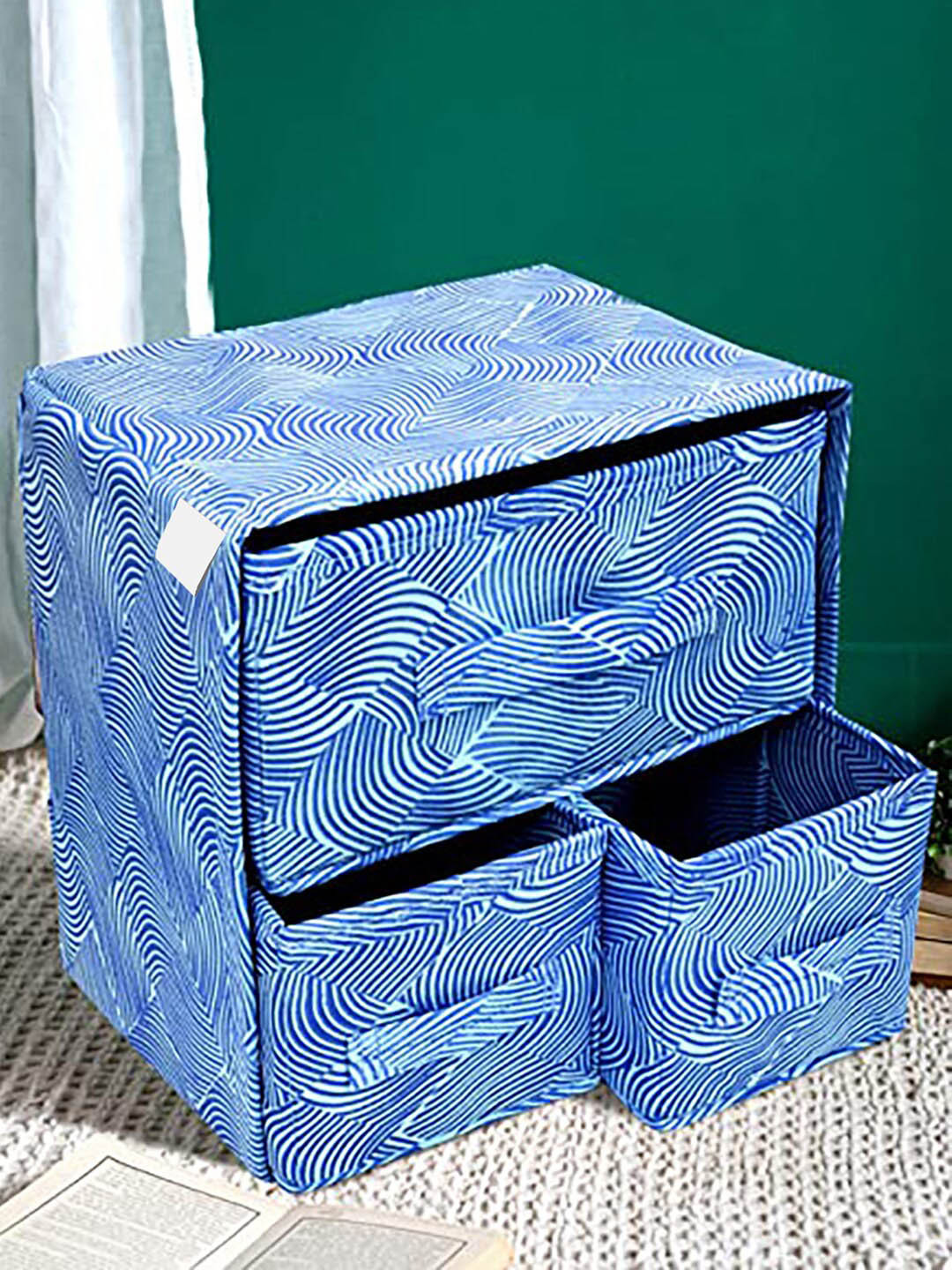 Kuber Industries Blue Printed Non-Woven 3 Drawer Multi-Utility Storage Box Organiser