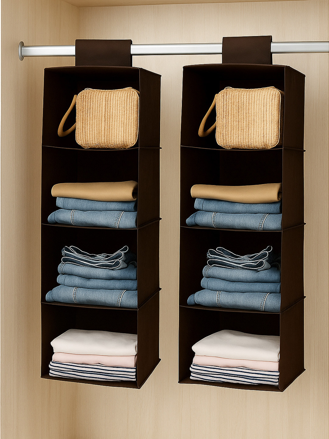 Kuber Industries Brown 2 Pieces 4 Shelf Foldable Non-Woven Multi-Utility Hanging Organiser