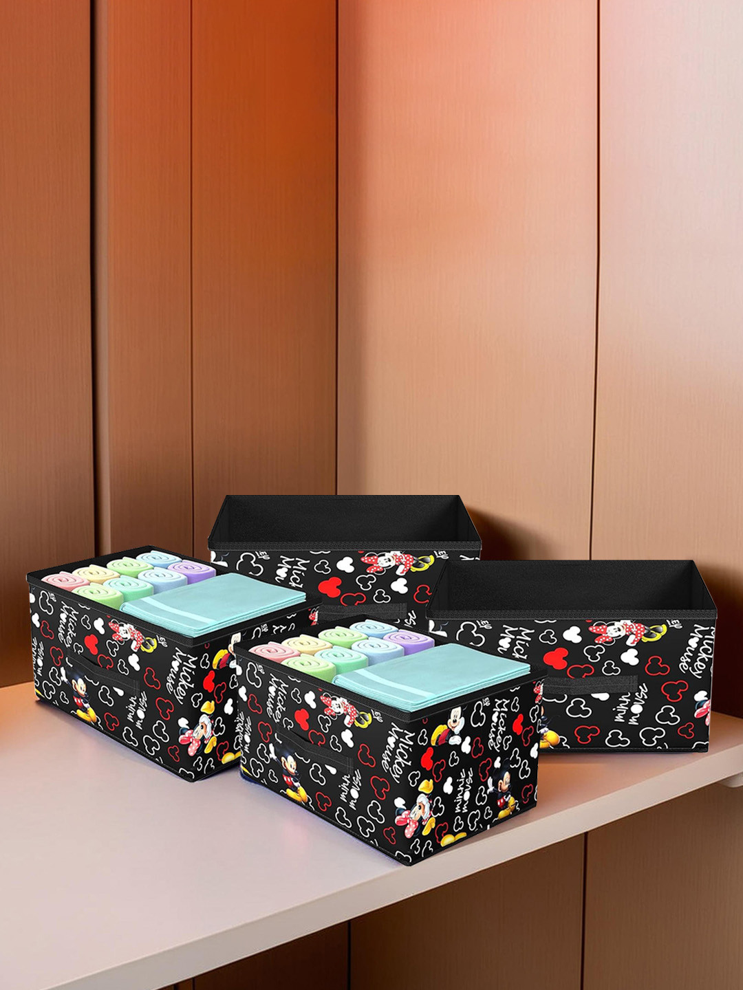 Kuber Industries Black 4 Pieces Disney Printed Foldable Storage Box