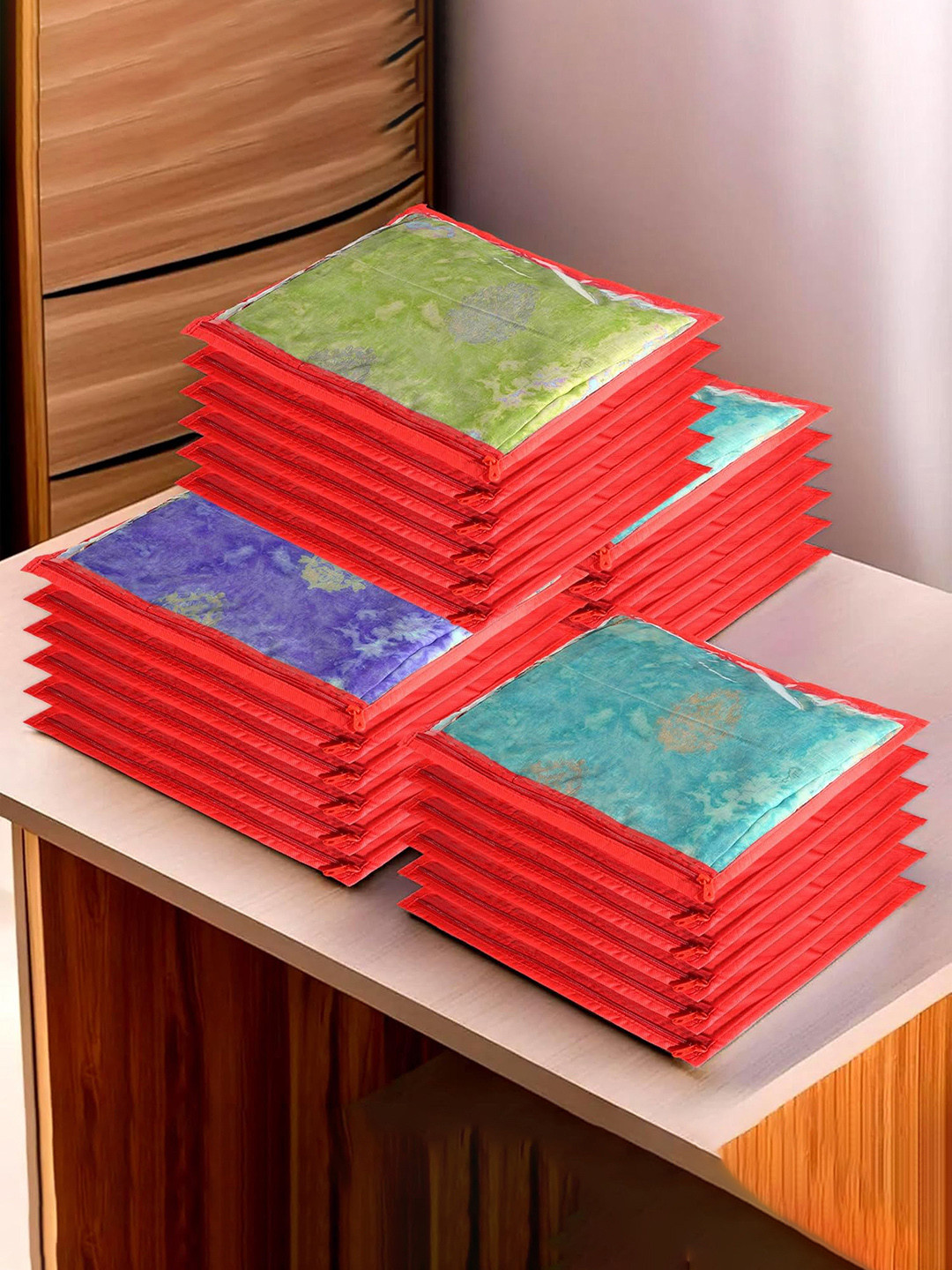 Kuber Industries Red 24 Pieces Saree Covers With Zip