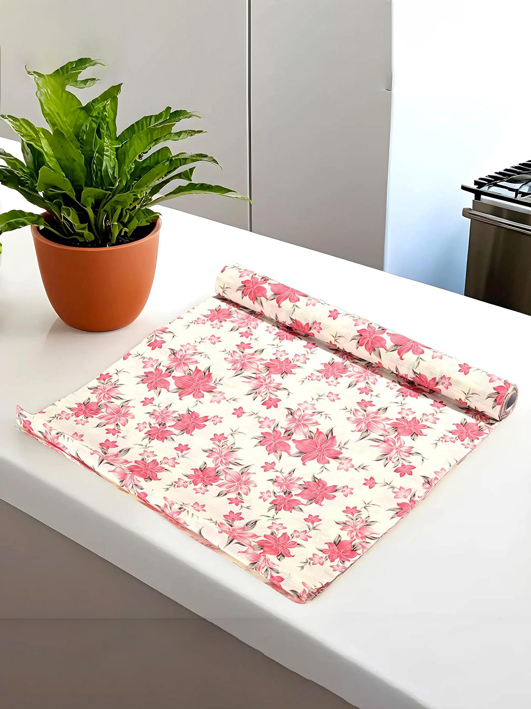 Kuber Industries Cream-Colored & Red Floral Printed Shelf Liner
