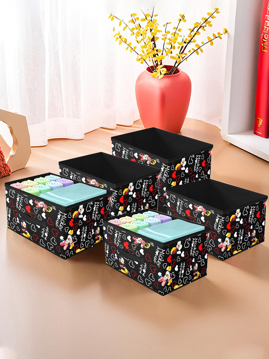 Kuber Industries Black 5 Pieces Printed Foldable Storage Boxs