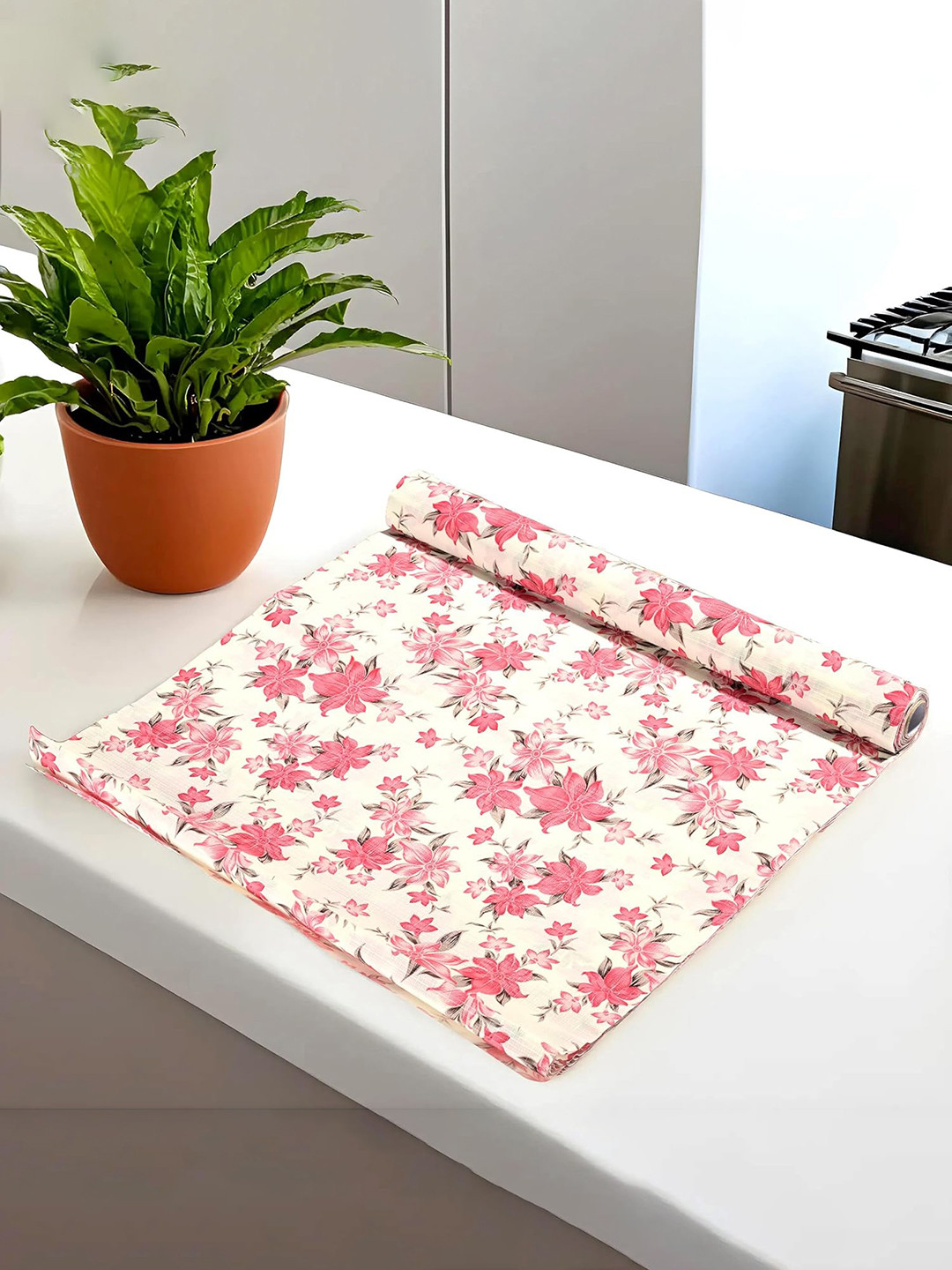 Kuber Industries Pink & White Flower Printed Shelf Mat