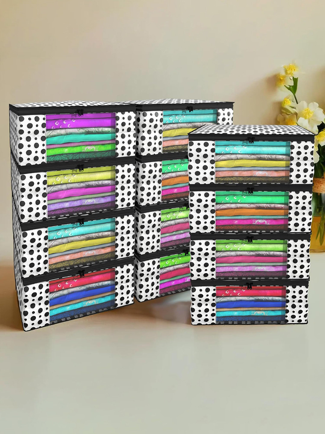 Kuber Industries Black & White 12 Pieces Non-Woven Saree Organisers