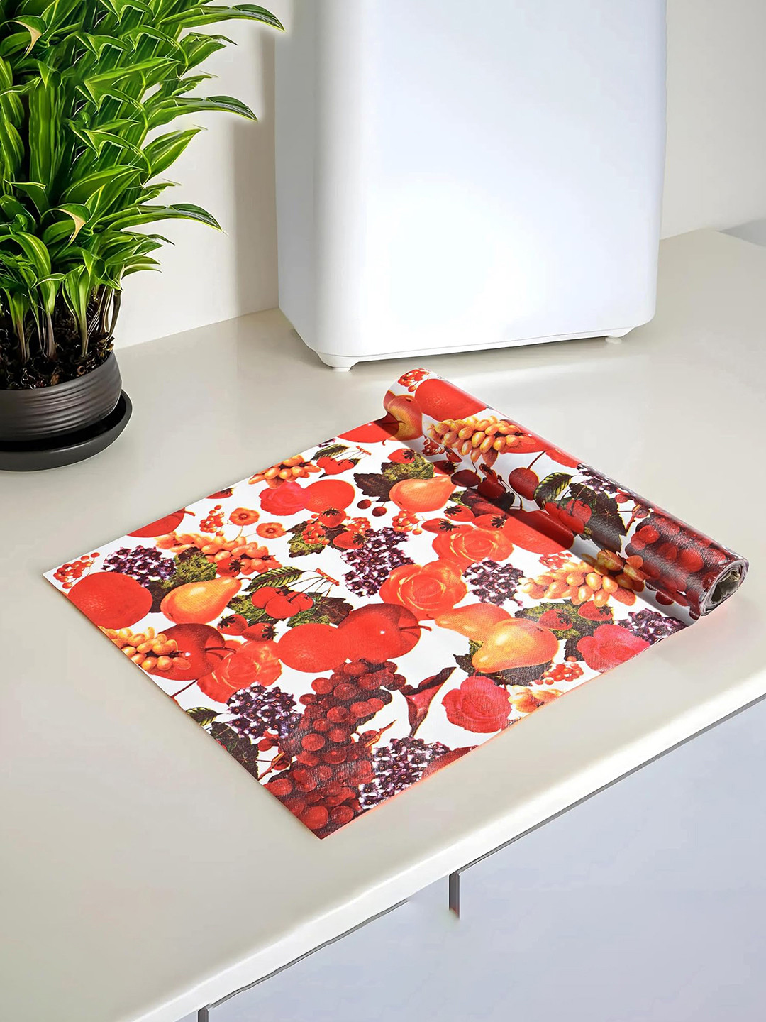 Kuber Industries Cream & Red Printed Shelf Liner