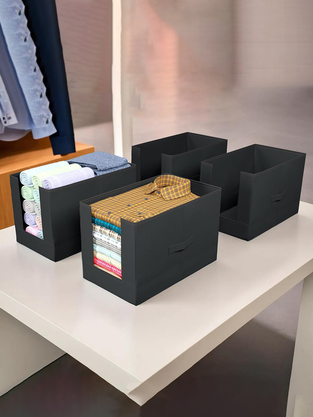 Kuber Industries Black 4 Pieces Non Woven Fabric Shirt Stacker