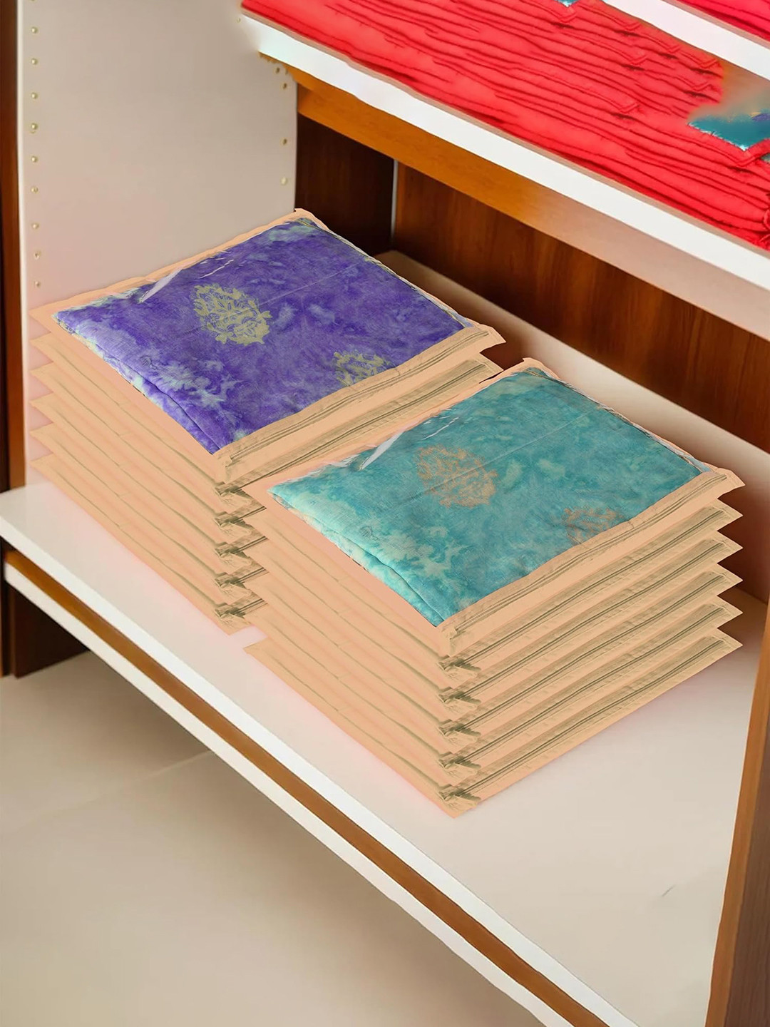 Kuber Industries 12 Pcs Beige Foldable Wardrobe Single Saree Cover Clothes Organizer