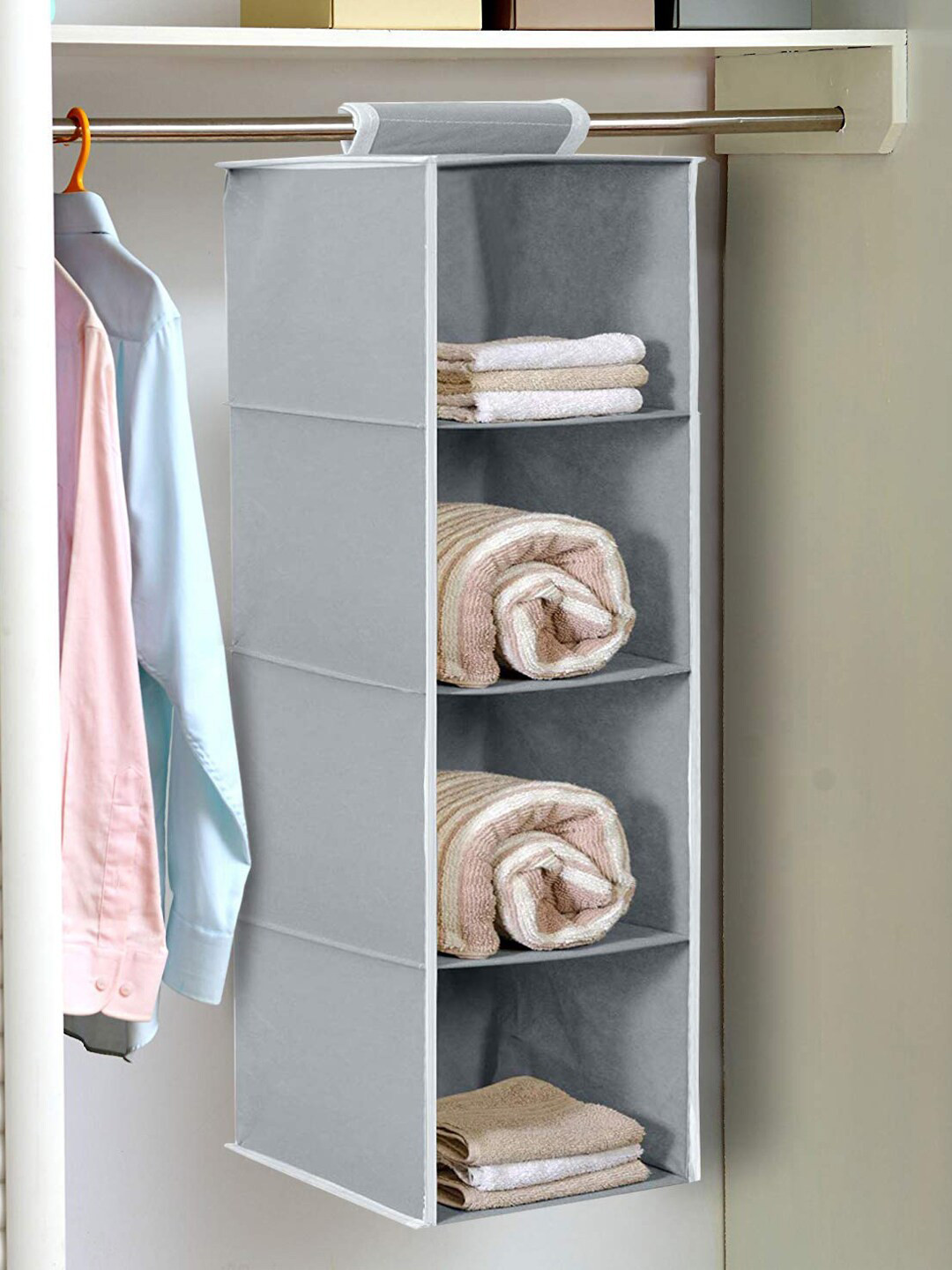 Kuber Industries Grey 2 Pieces 4-Shelf Closet Wardrobe Hanging Organizer