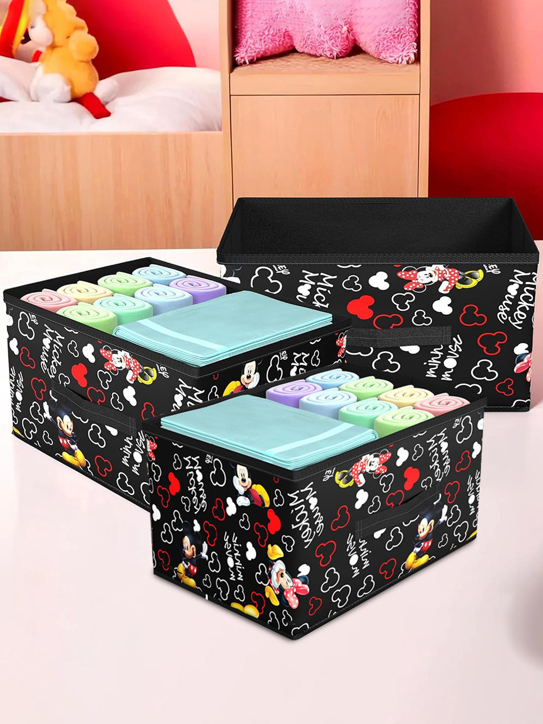 Kuber Industries Black 3 Pieces Disney Printed Foldable Storage Box