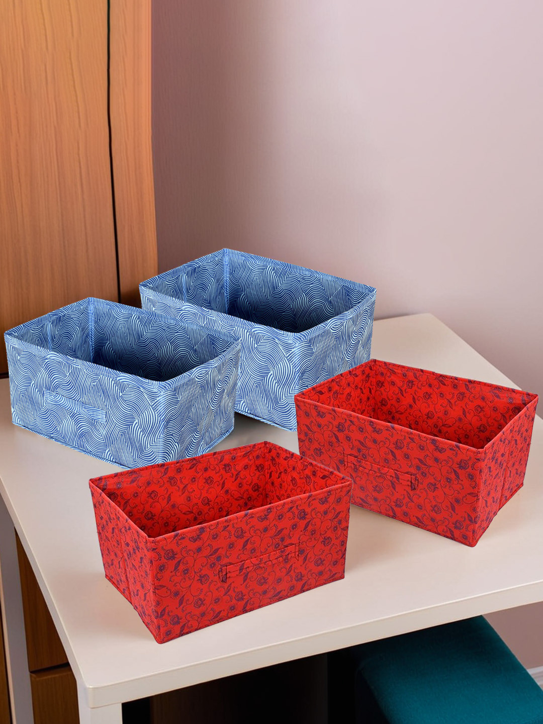 Kuber Industries Red & Blue 4 Pieces Non-woven Foldable Storage Box