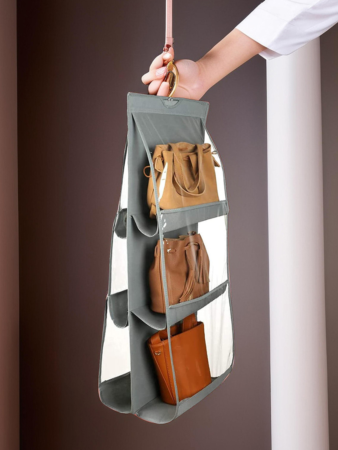 Kuber Industries Grey Dust Proof Hanging Handbag Purse Clutch Organiser