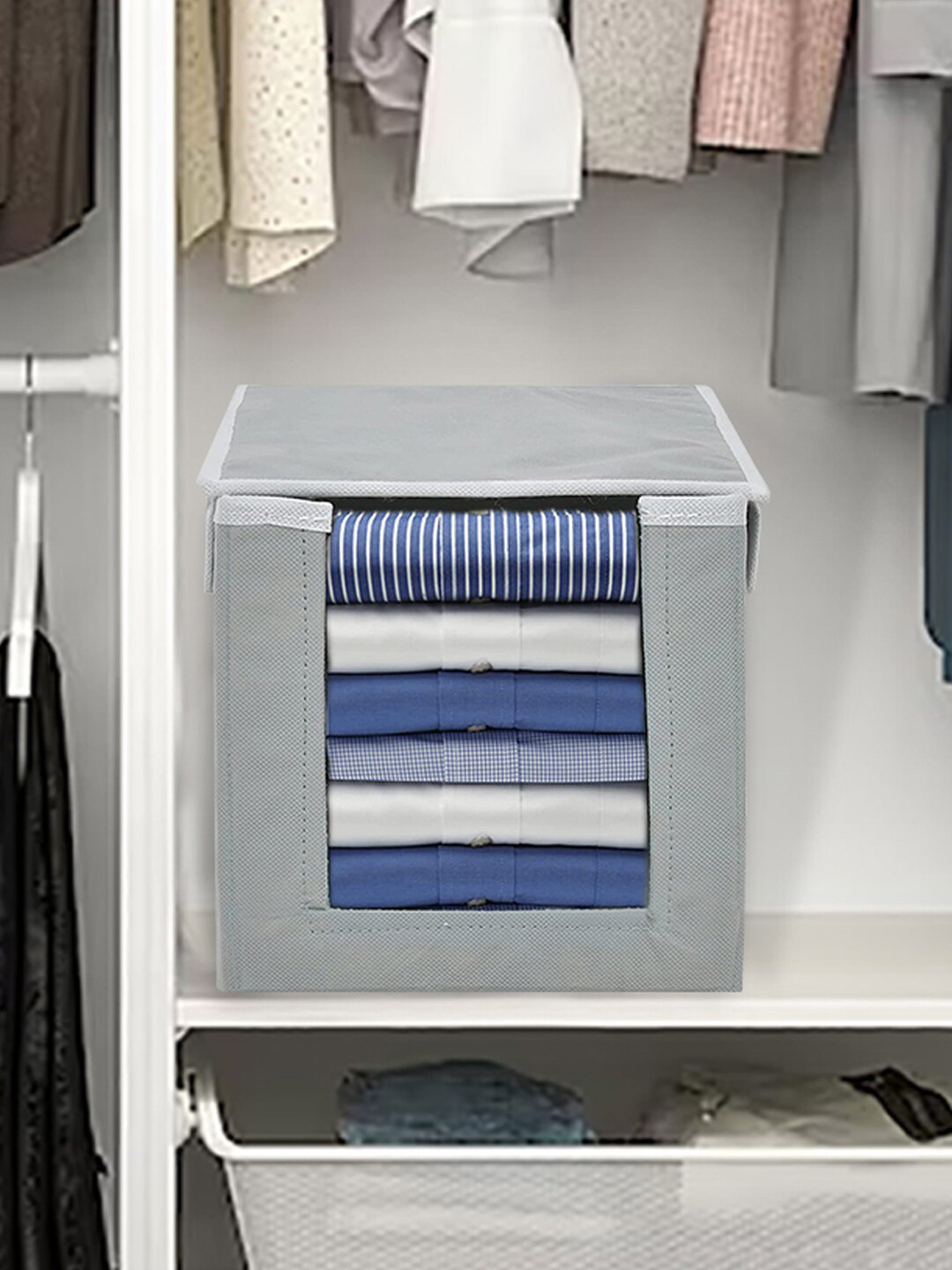Kuber Industries Grey Shirt Organizer For Wardrobe With Reinforced Handle & Lid