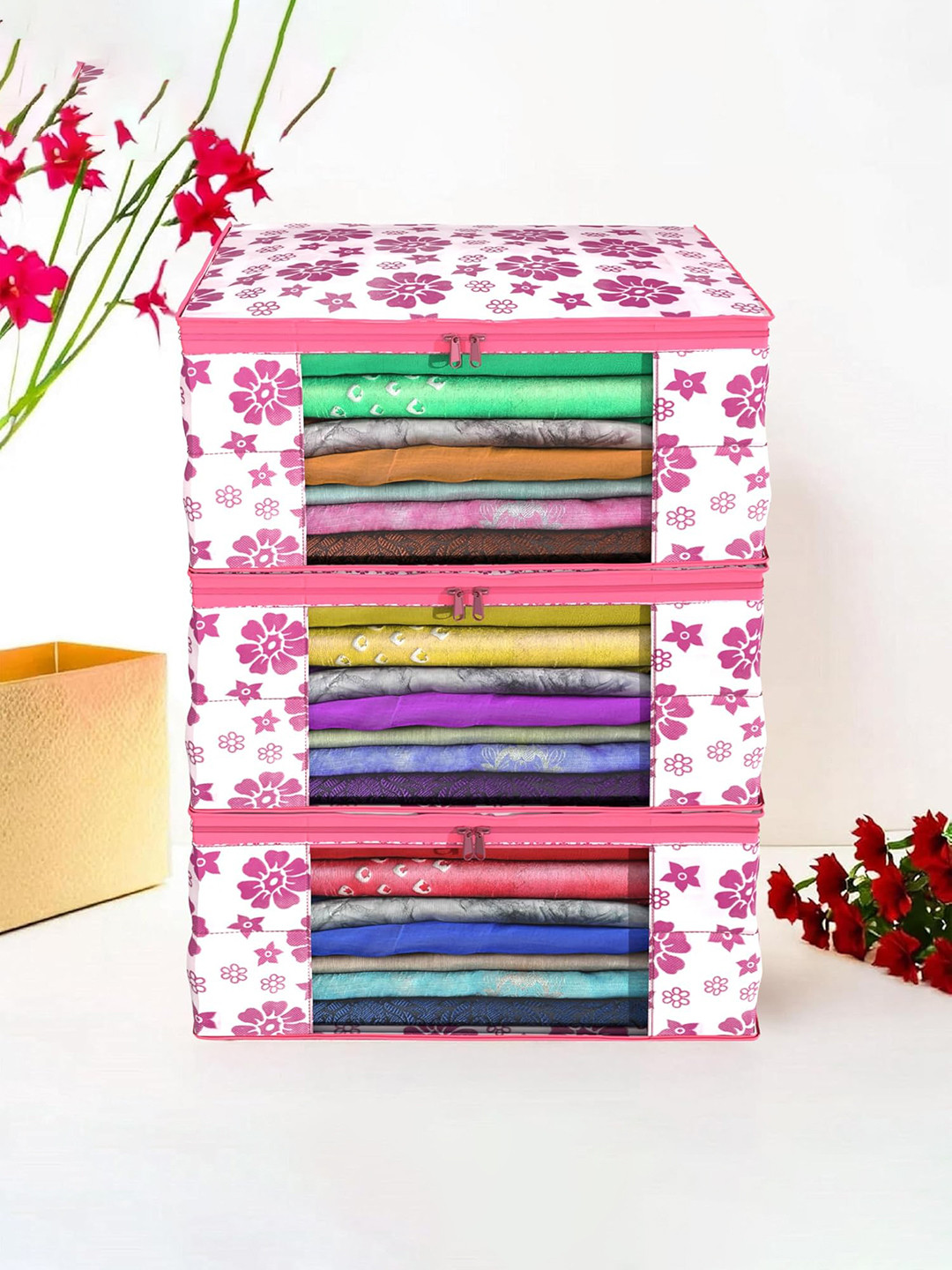 Kuber Industries 3 Pcs Pink & White Printed Foldable Saree Covers