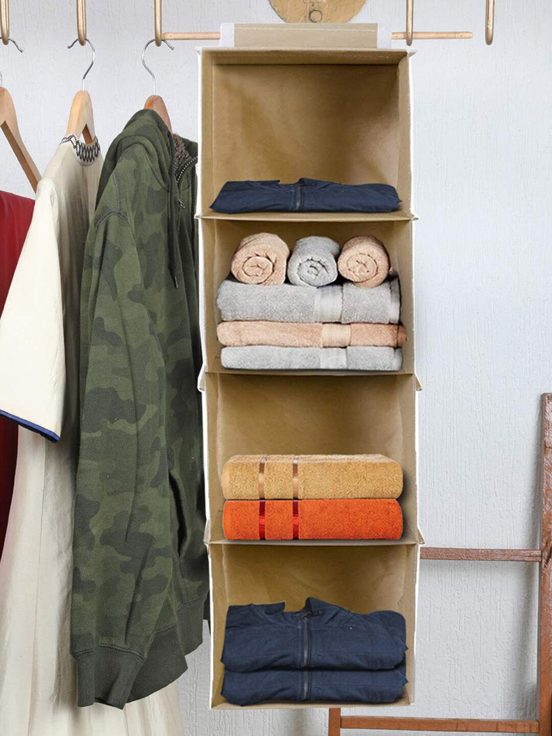 Kuber Industries Brown Non Woven Fabric 4 Shelf Hanging Organiser