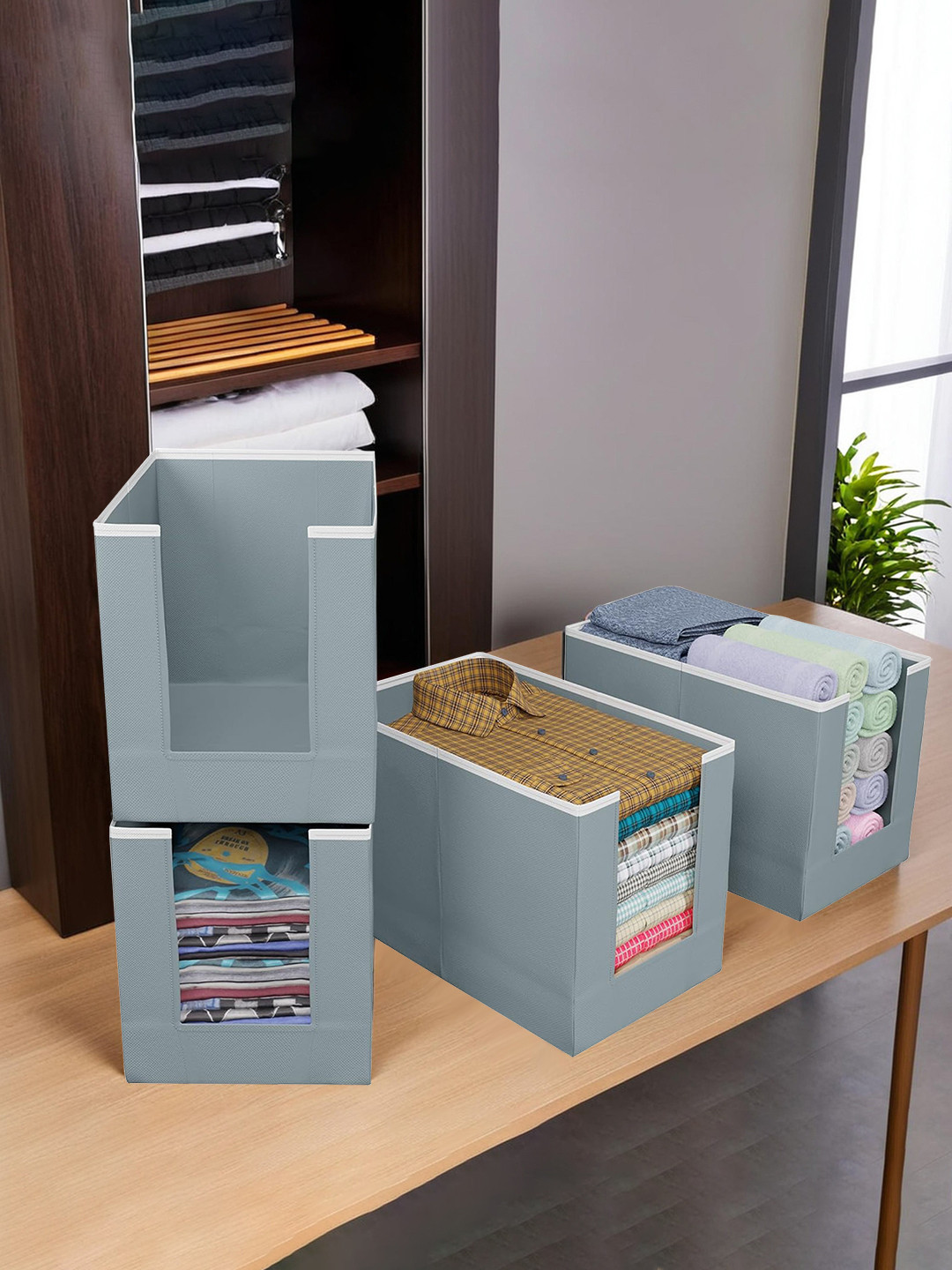 Kuber Industries Grey 4 Pieces Non Woven Fabric Shirt Stacker