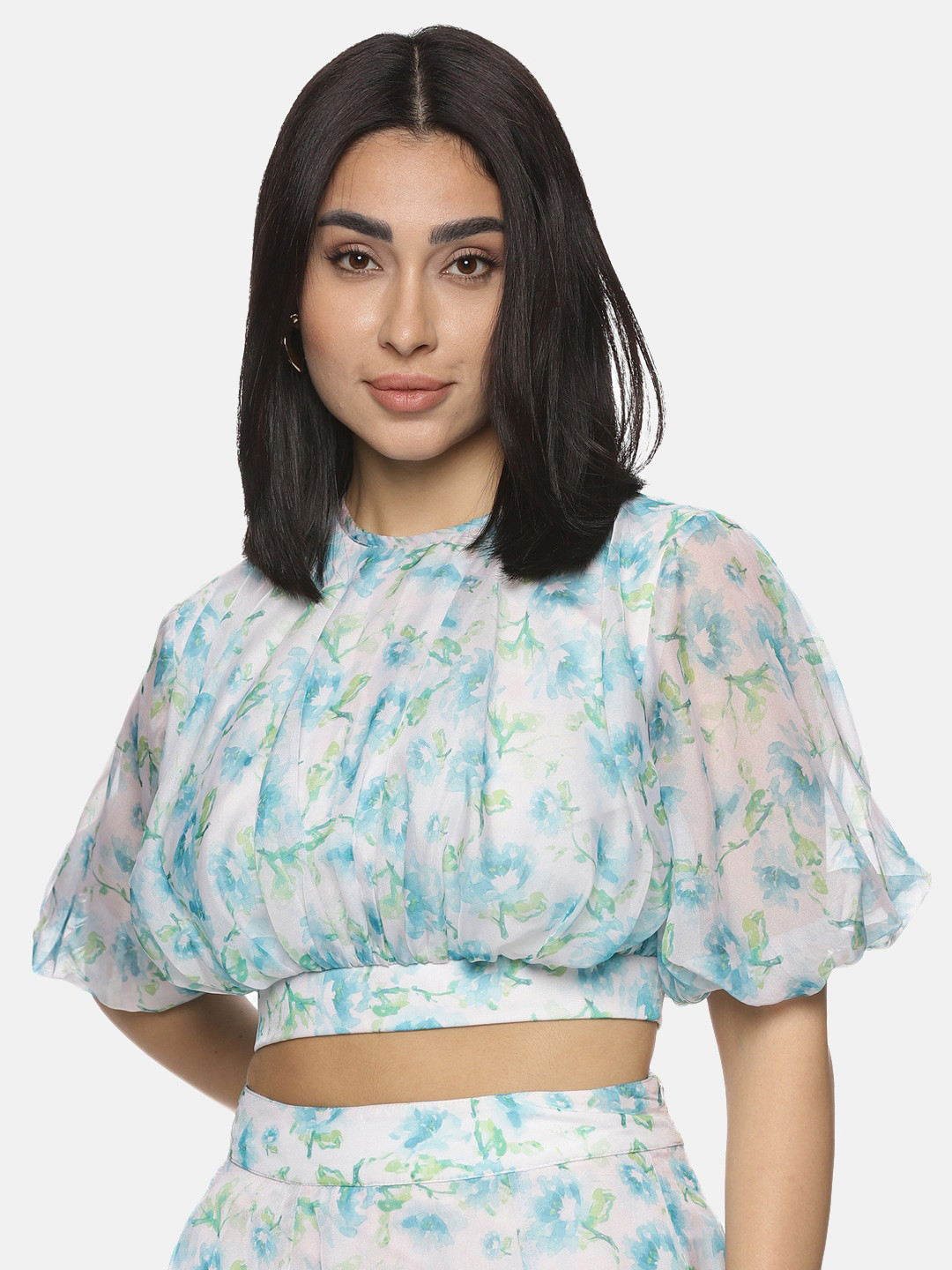 ISU Floral Print Batwing Sleeve Cropped Blouson Top