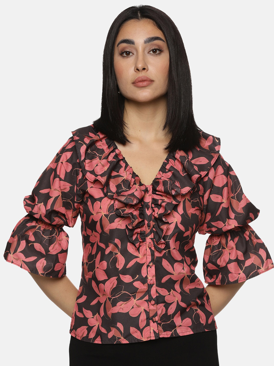 ISU Black Floral Printed V-Neck Bell Sleeve Ruffles Detail Top