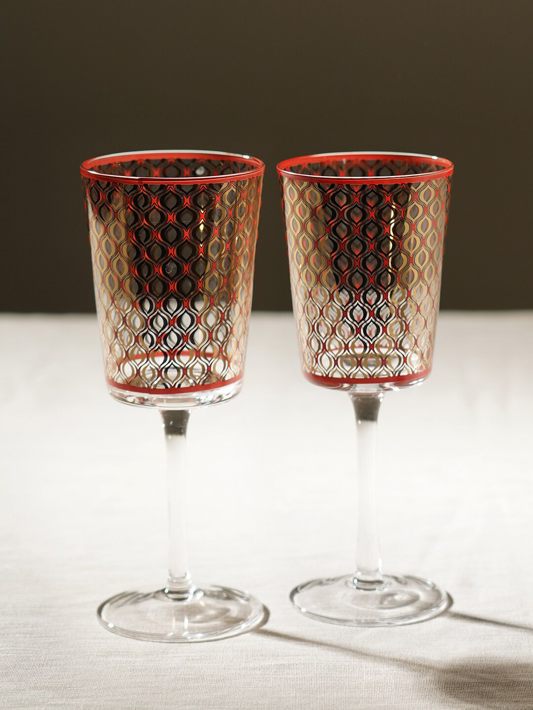 Pure Home and Living Red 2 Pieces Printed Glass Wine Glasses