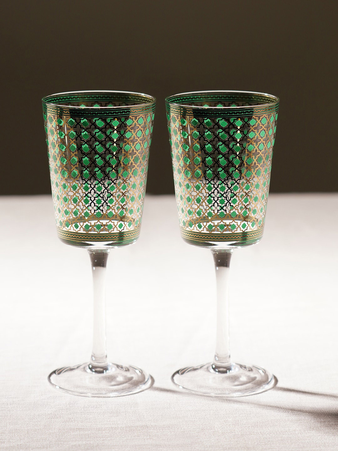Pure Home and Living 2 Pcs Transparent & Green Printed Wine Glasses