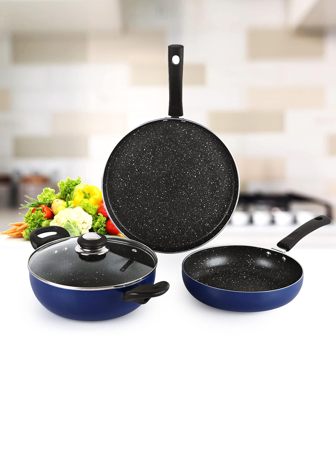 Cello Regal 3-Pieces Blue & Black Non-Stick Cookware Set With Spatter