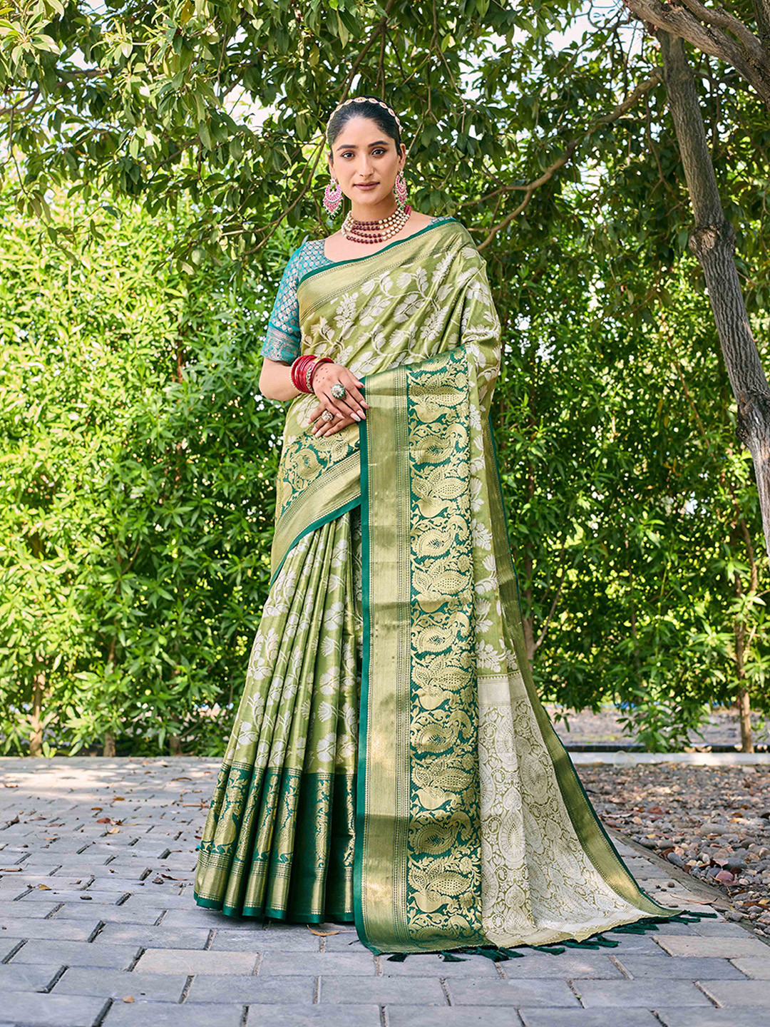 Mitera Green & White Woven Design Zari Kanjeevaram Saree