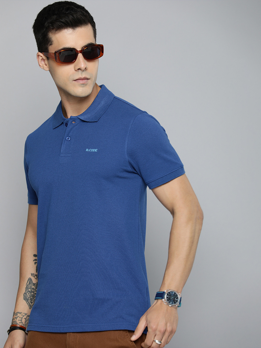 R.Code by The Roadster Life Co. Men Solid Polo Collar T-shirt