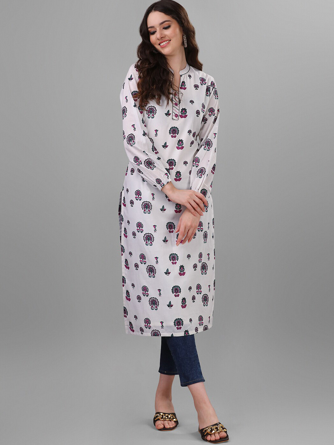 WEAVLLITE Ethnic Motifs Printed Puff Sleeves Block Print Pure Cotton Straight Kurta