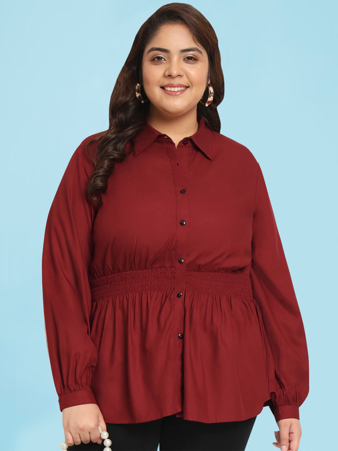 wild U Plus Size Smocked Cuffed Sleeves Shirt Style Top