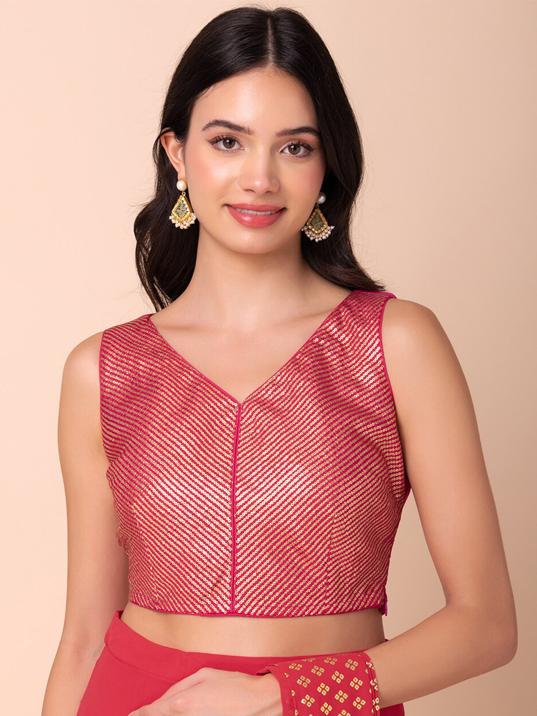 INDYA Embroidered V-Neck Sequinned Detail Saree Blouse