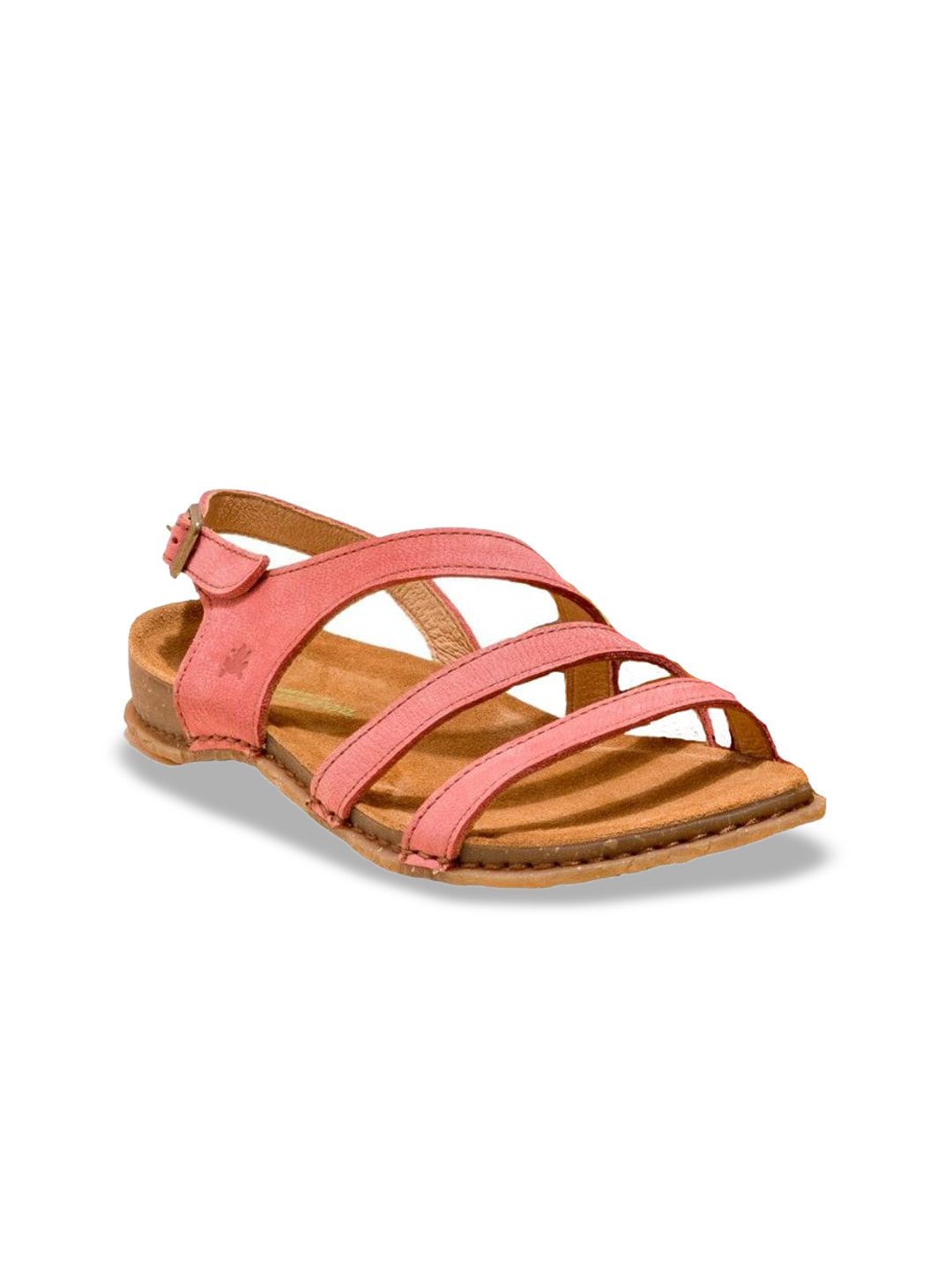 El Naturalista Red Embellished Leather Block Sandals with Buckles