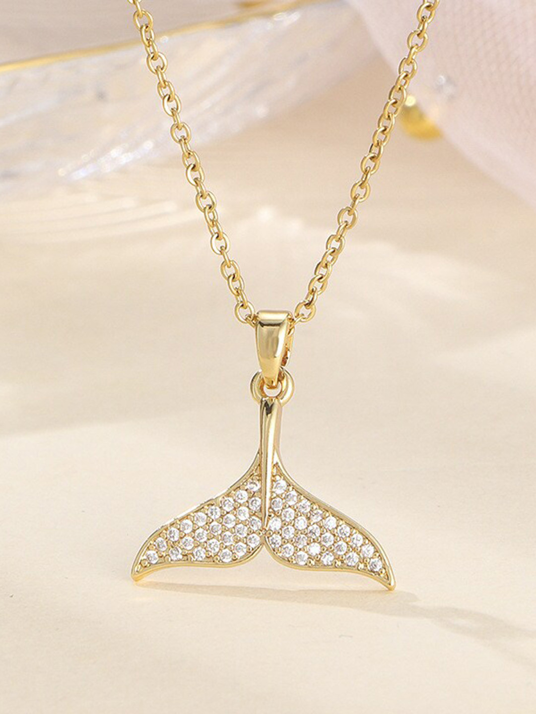 MYKI Gold-Plated Stainless Steel Cubic Zirconia Studded Fish Tail-Charm Pendant With Chain