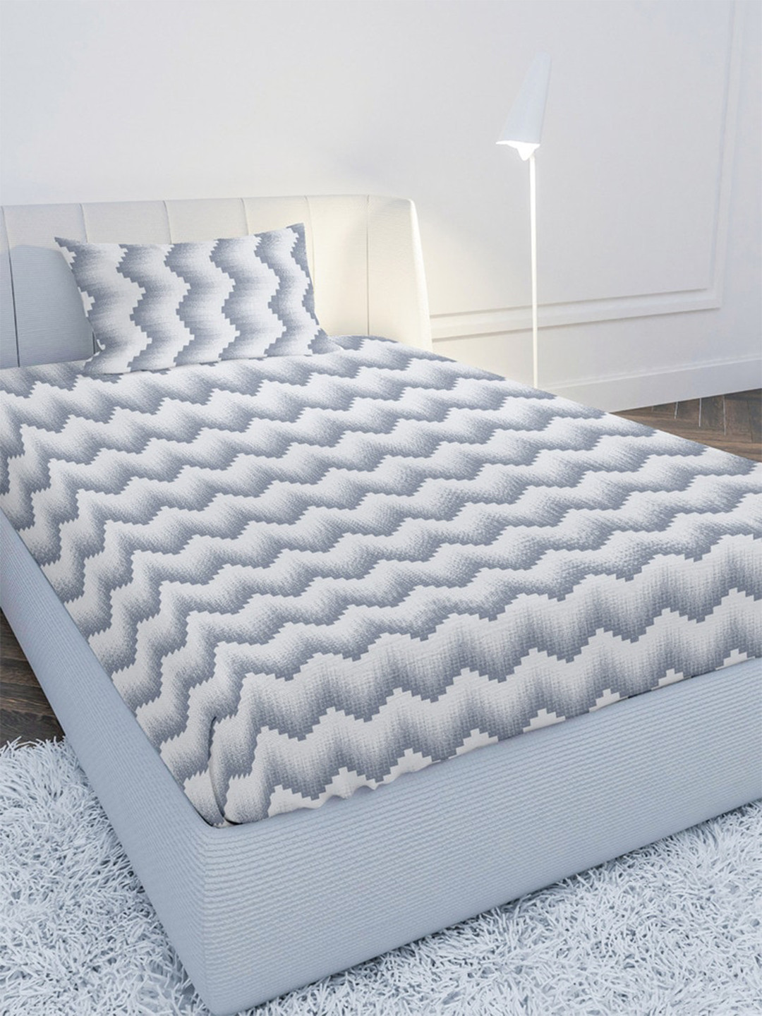 MAYFAIR HOMES LONDON New Grey Chevron Cotton 144 TC Single Bedsheet with a Pillow Cover-88 x 60 inches