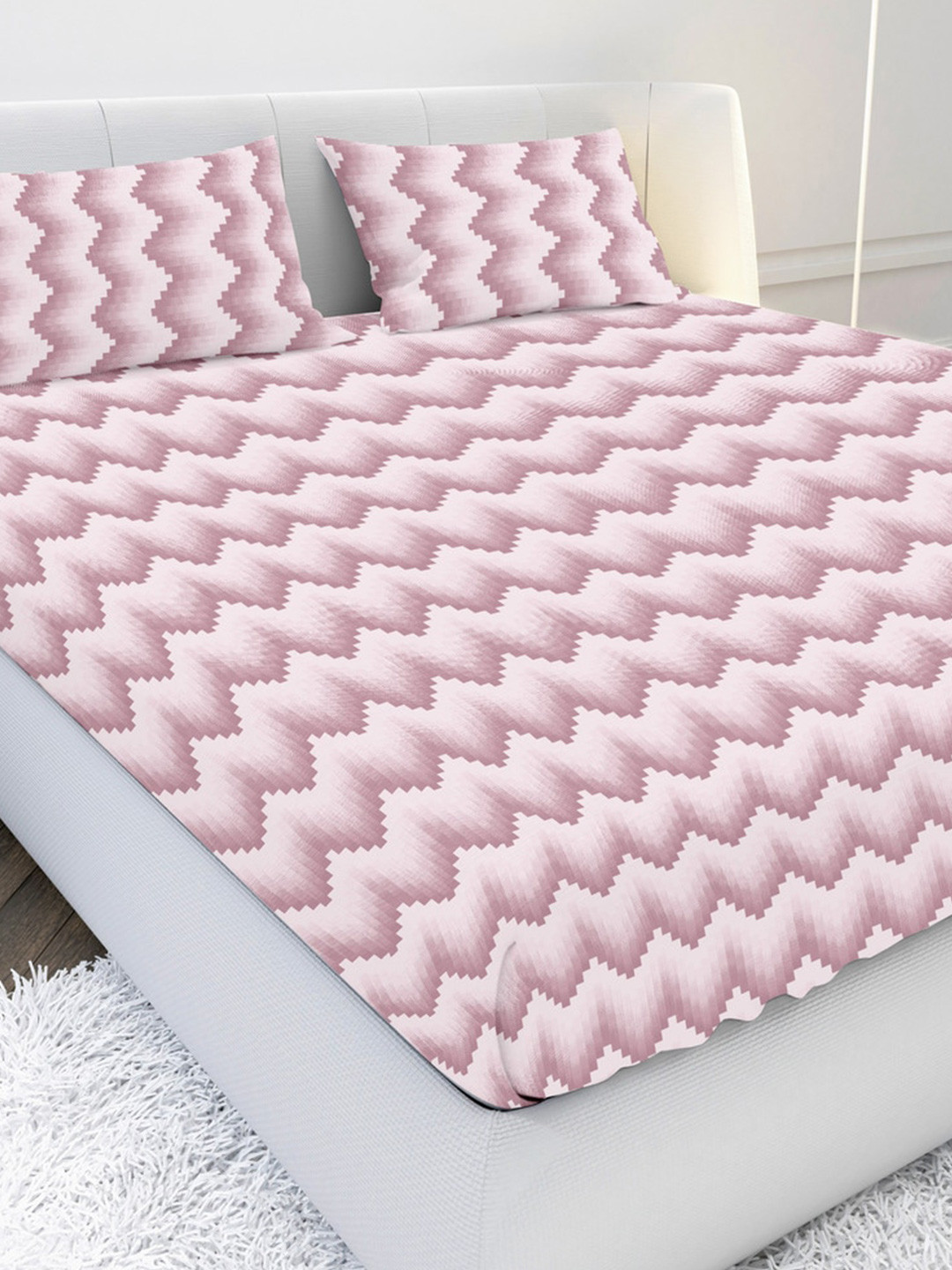 MAYFAIR HOMES LONDON Pink Chevron Cotton 180 TC King Fine Bedsheet with 2 Pillow Covers-108 x 108 inches