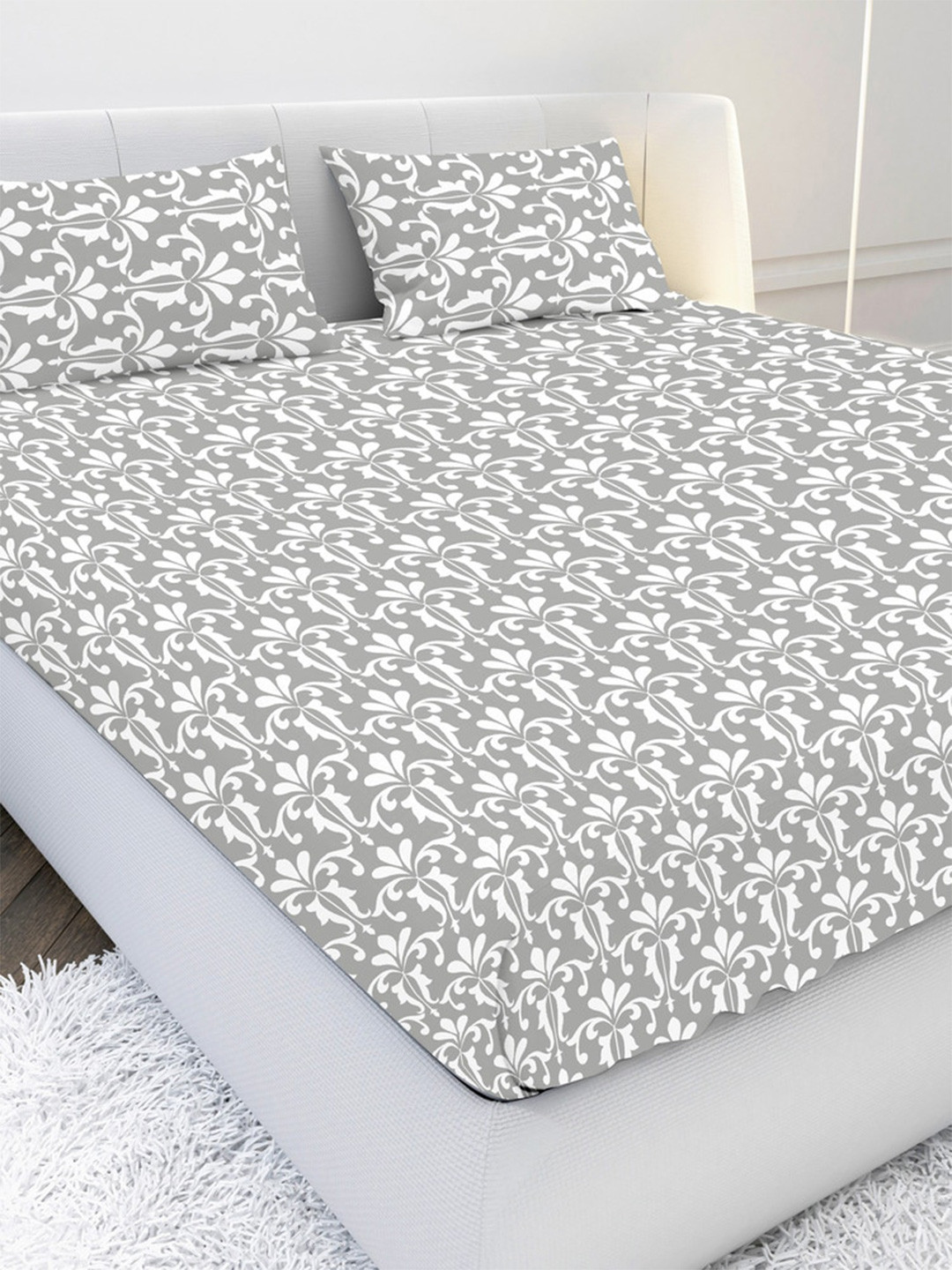 MAYFAIR HOMES LONDON Grey Ethnic Motifs Pure Cotton 210 TC King Fine Bedsheet with 2 Pillow Covers-88 x 60 inches
