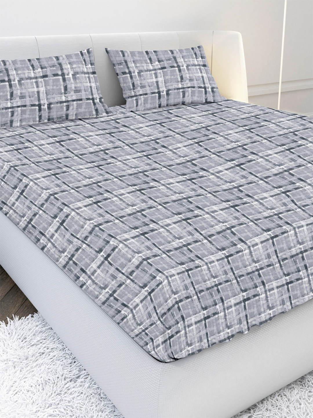 MAYFAIR HOMES LONDON New Grey Geometric Cotton 120 TC King Bedsheet with 2 Pillow Covers-88 x 108 inches