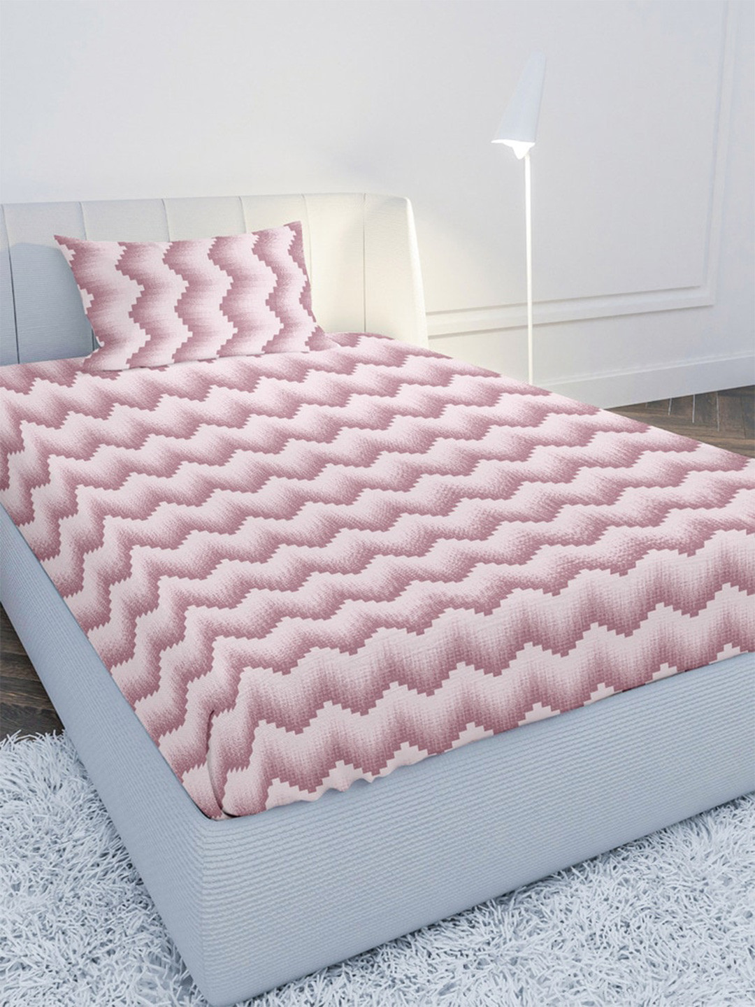 MAYFAIR HOMES LONDON Pink Chevron Pure Cotton 180 TC Single Fine Bedsheet with a Pillow Cover-88 x 60 inches