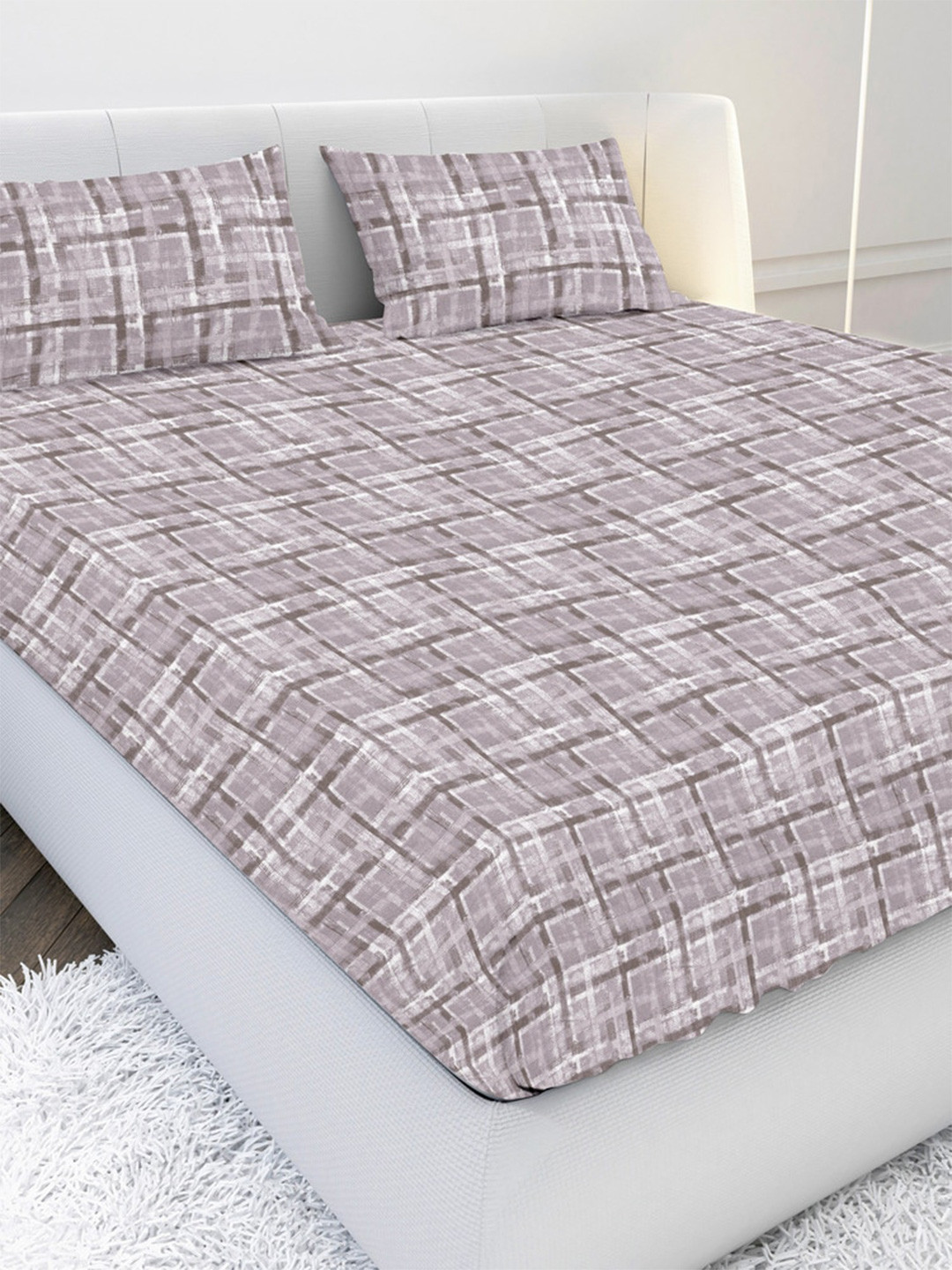 MAYFAIR HOMES LONDON New Mauve Geometric Pure Cotton 120 TC King Bedsheet with 2 Pillow Covers-108 x 108 inches