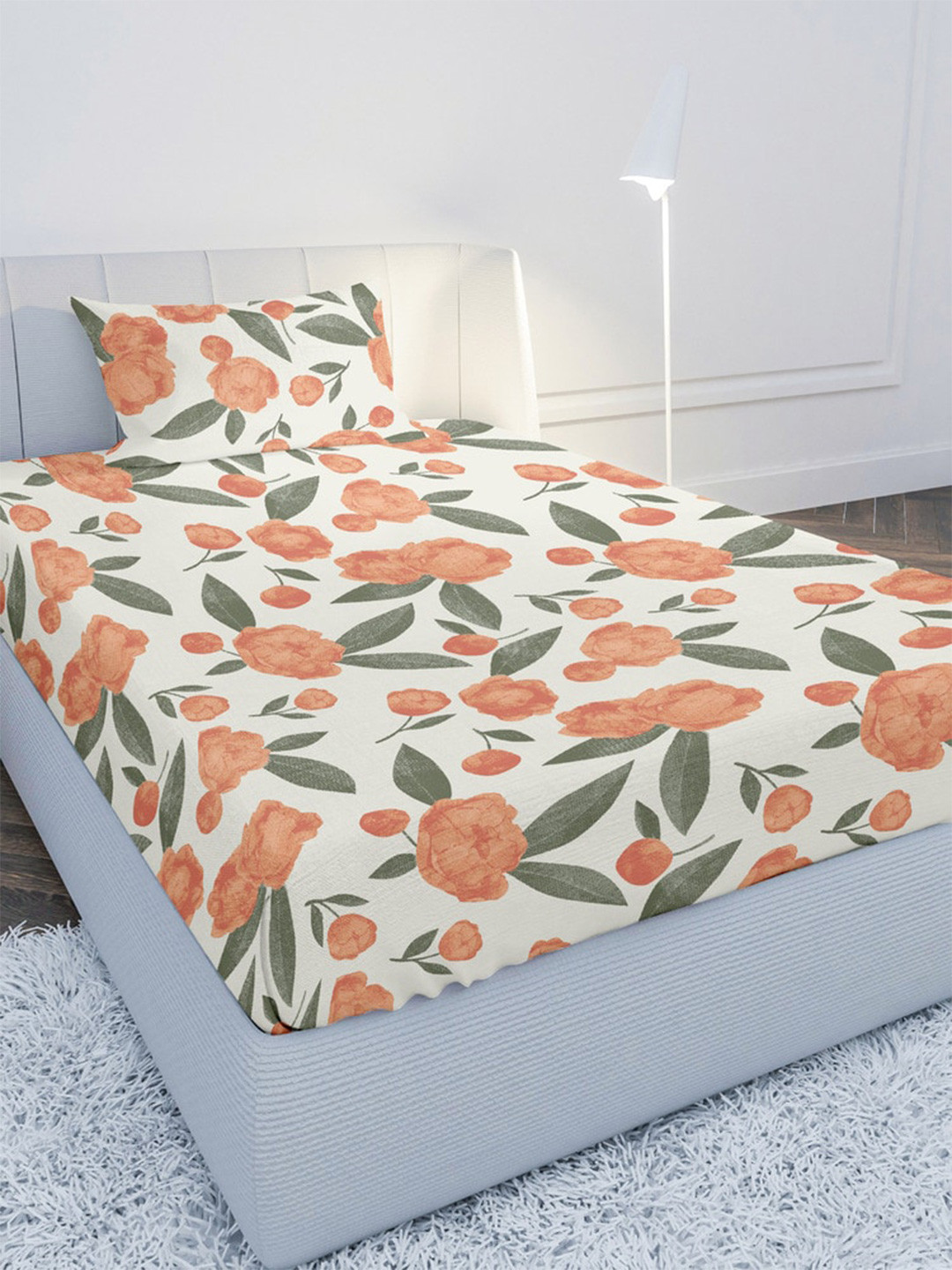 MAYFAIR HOMES LONDON New Orange Floral Pure Cotton 144 TC Single Bedsheet with a Pillow Cover-87 x 93 inches